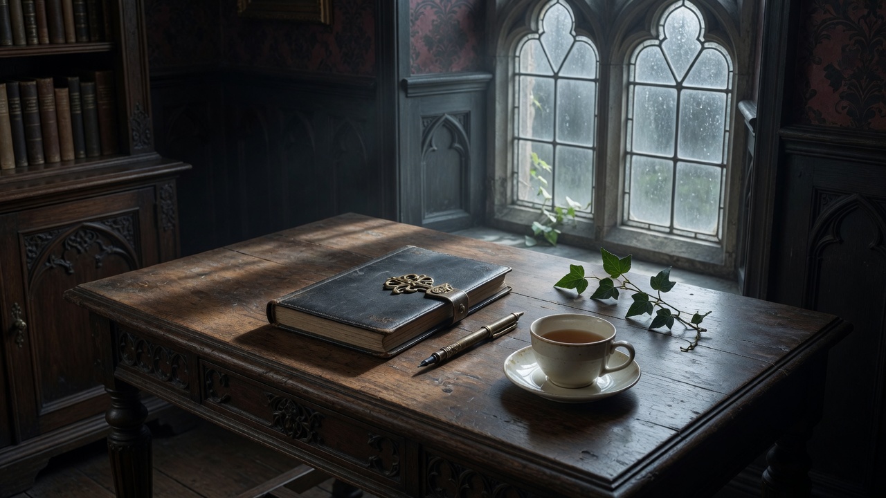 A dark wood desk with a leather ledger, brass pen, and tea beside a tall arched window.