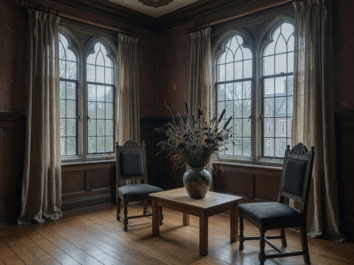 A quiet sitting room with dark wood chairs, tall pointed windows, and dried grasses.